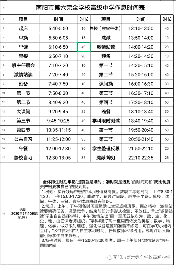 南陽市第六完全學(xué)校高中部作息時(shí)間